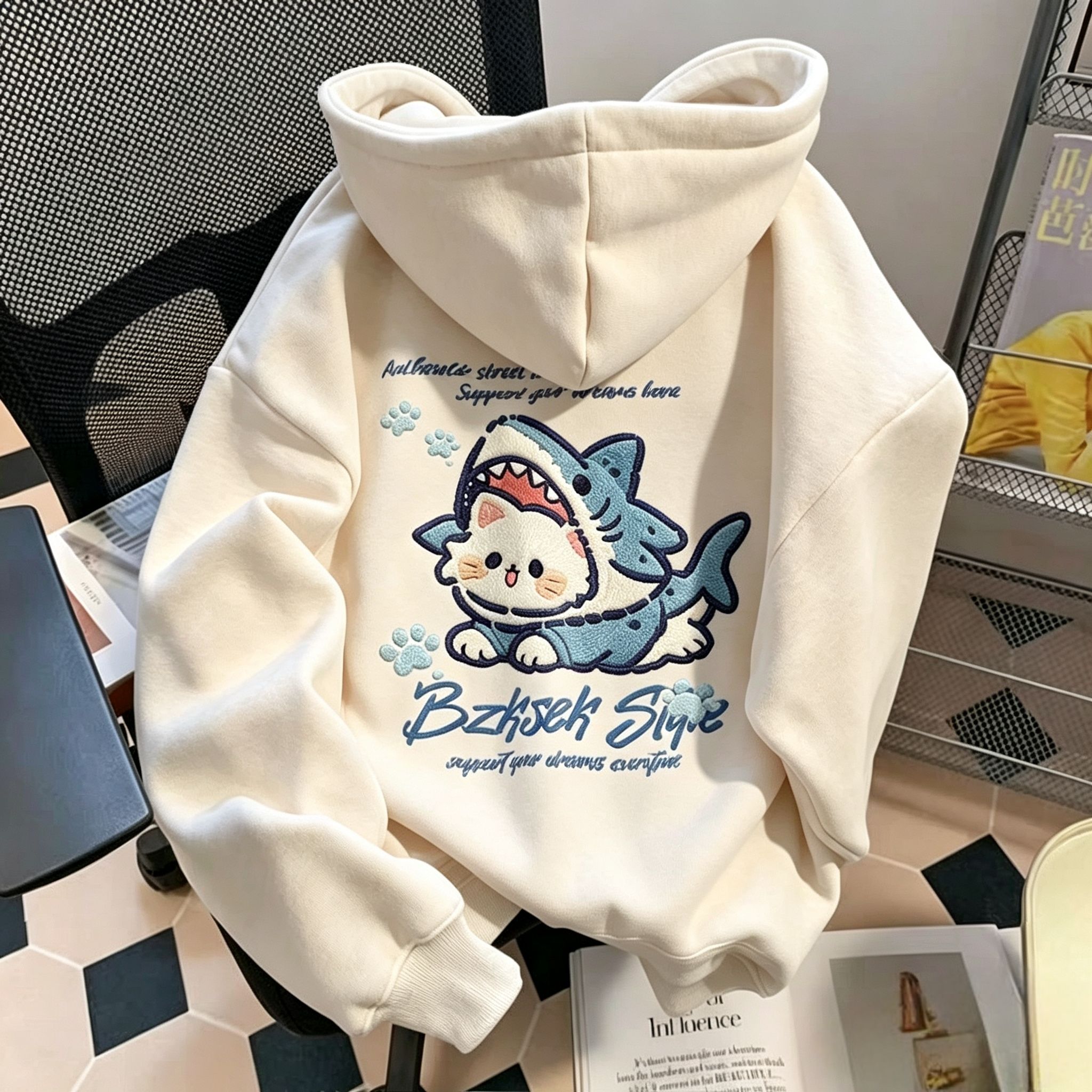 男女童秋冬加绒新款猫咪鲨鱼印花童装简约百搭连帽卫衣中大童上衣