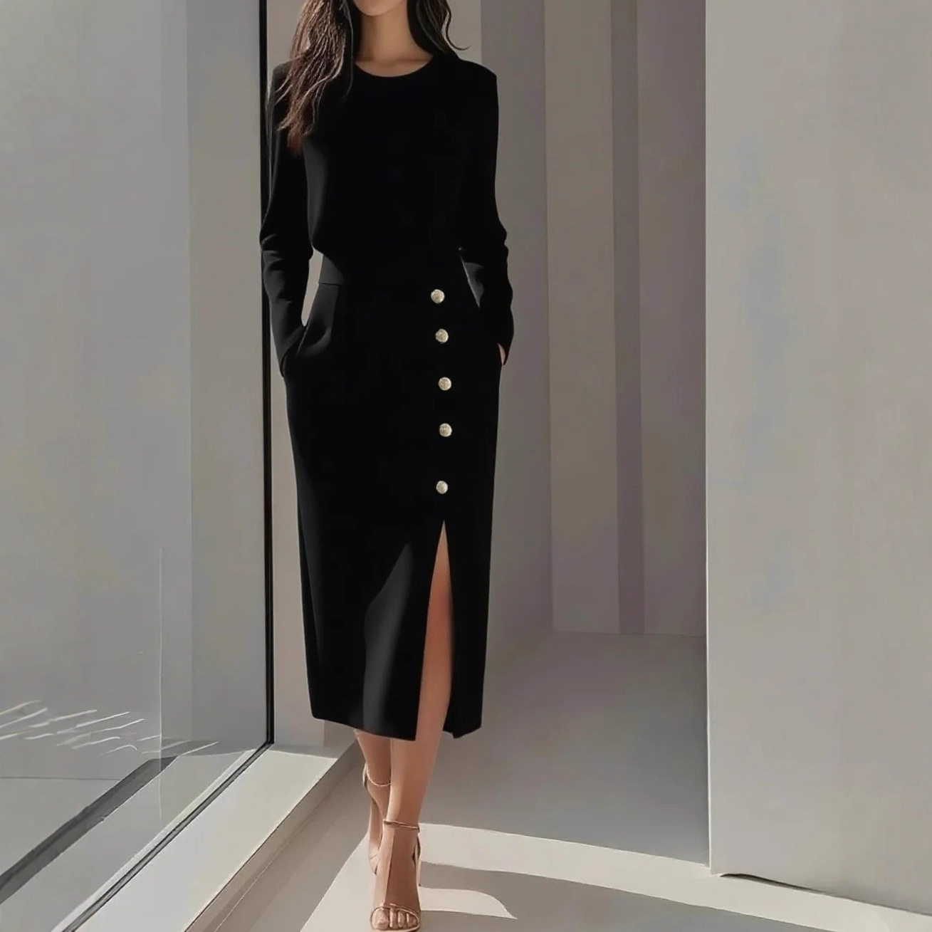 欧美跨境长袖纯色圆领收腰钮扣装饰开叉2025秋季女装连衣裙女