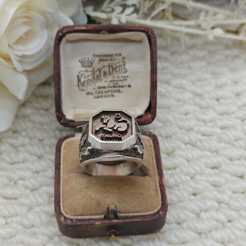 Vintage中古欧洲回流925银錾刻公牛浮雕花草宽版戒指14—15号