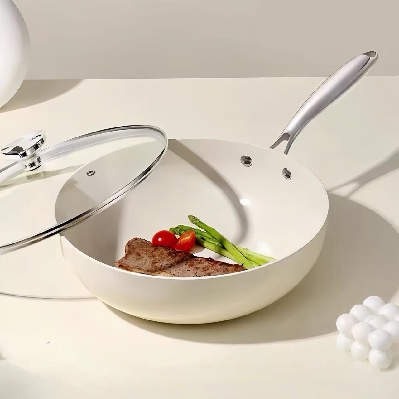 日本品质陶瓷不粘锅炒锅家用无涂层小白锅平底锅炒菜锅炉灶专用
