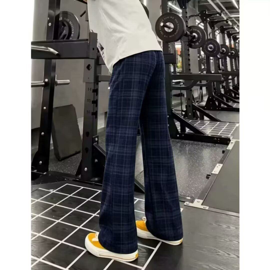 美式宽松百搭复古松弛感垂感裤子直筒微喇裤运动长裤复古格子裤男