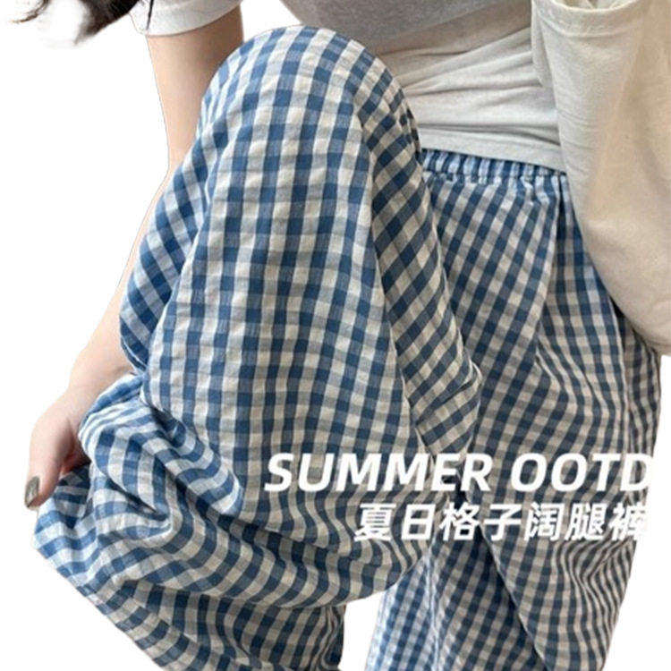 蓝色格子阔腿裤女秋季薄款女小个子休闲裤宽松慵懒高腰显瘦山本裤
