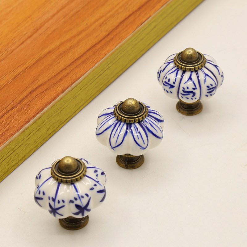 纯手绘田园陶瓷南瓜拉手绘青花古典把手抽屉橱衣柜门单孔小拉手