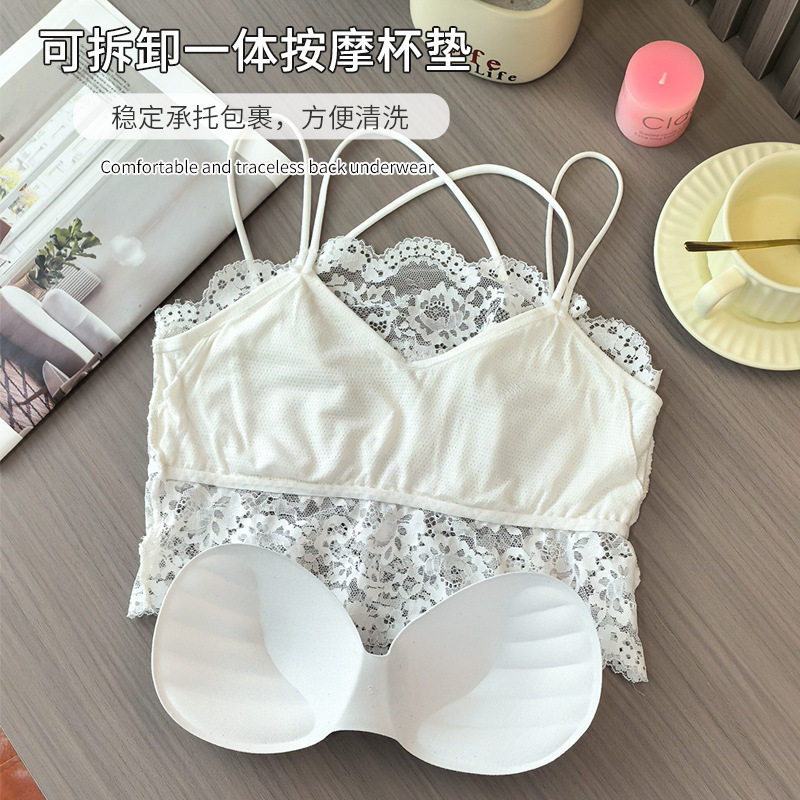 新款交叉细带蕾丝美背裹胸抹胸带胸垫打底防走光无钢圈吊带内衣女