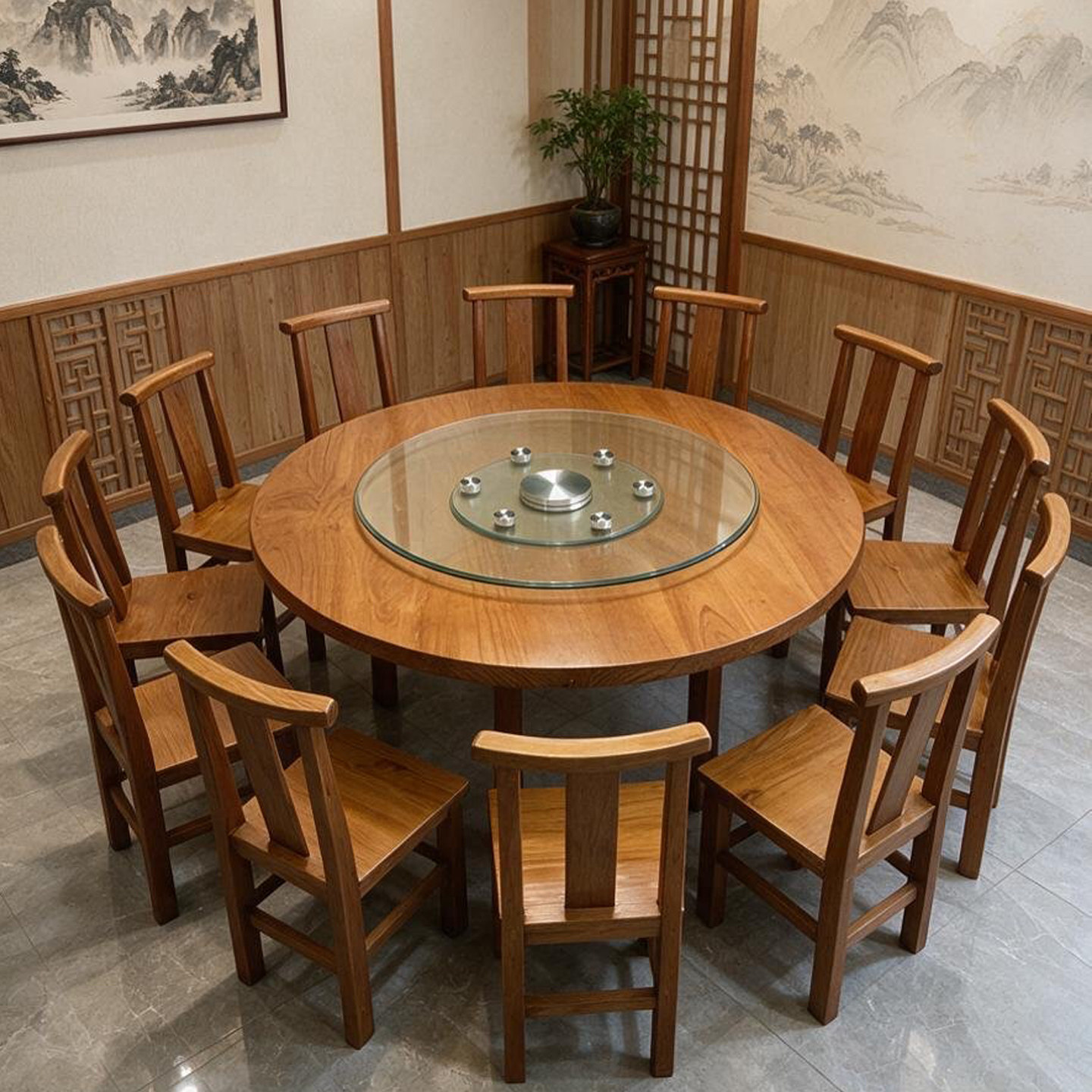 新中式实木岩板餐桌定制饭店农庄湘菜私房菜包厢餐厅大圆桌椅商用