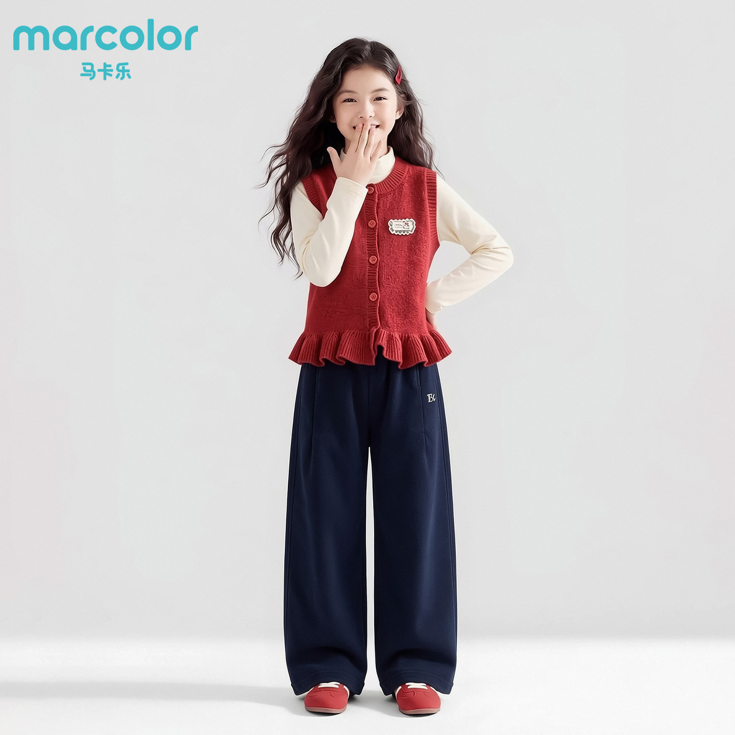 marcolor青少年春秋红色针织马甲