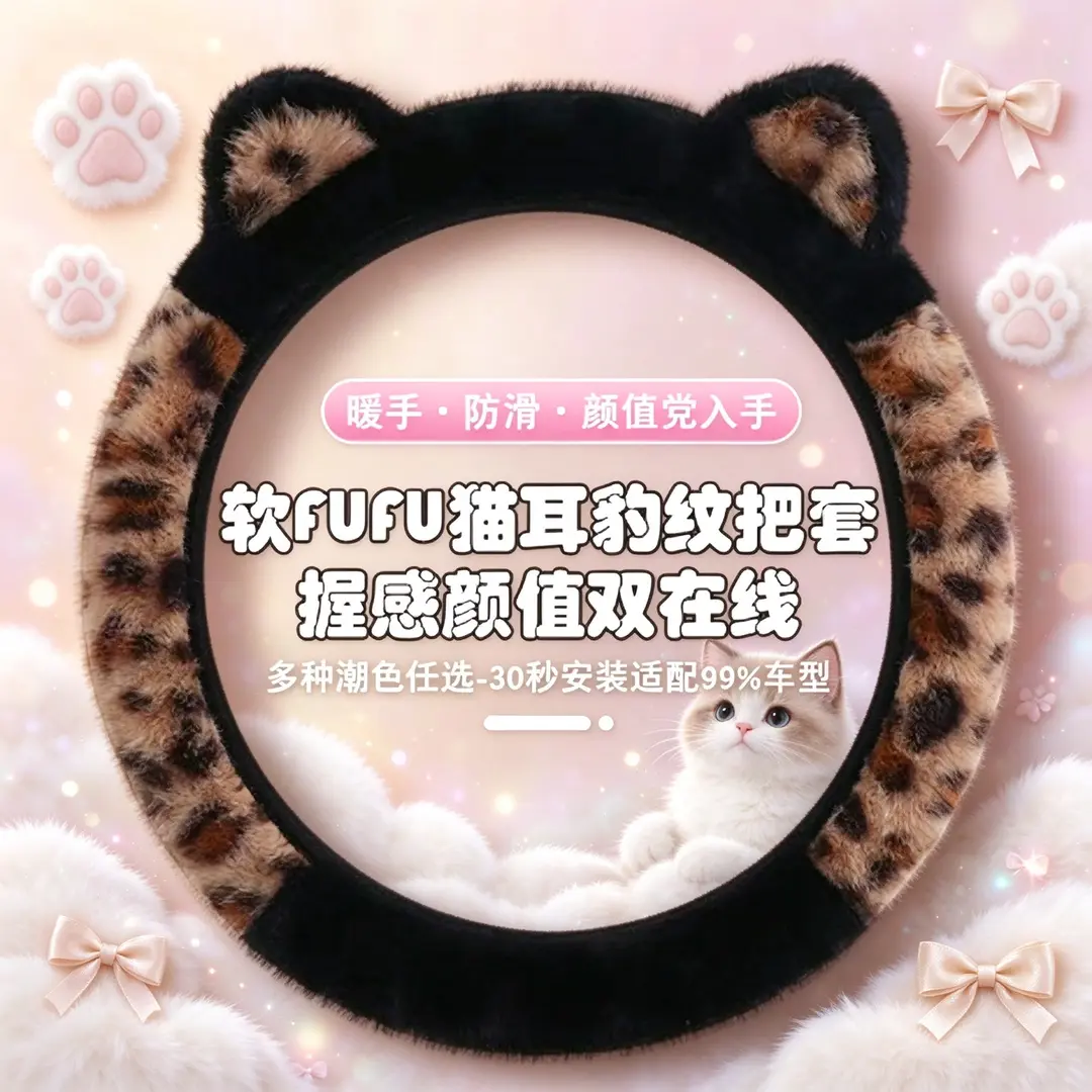 秋冬新品毛绒豹纹耳朵汽车方向盘套可爱萌系电四轮通用防滑不掉毛