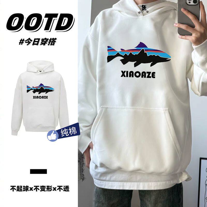 秋冬季oversize设计感男女纯棉帽衫潮流美式印花加绒加厚连帽卫衣