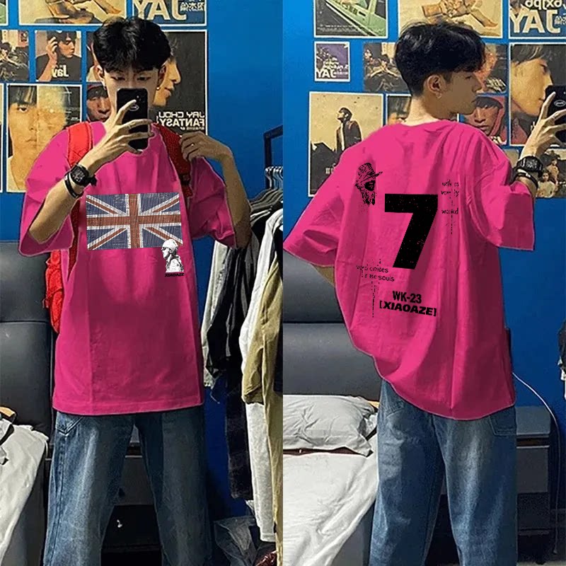 玫红色美式复古oversize潮牌印花短袖T恤男女夏季纯棉百搭上衣ins