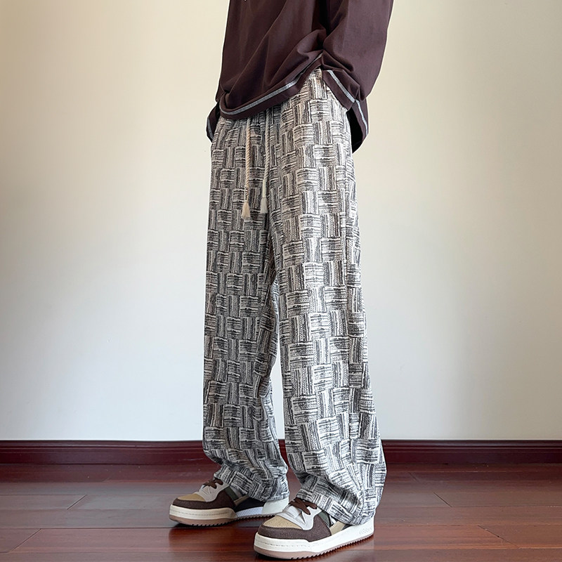 高级感编织格纹直筒灯芯绒裤子百搭新款潮牌情侣装宽松阔腿休闲裤