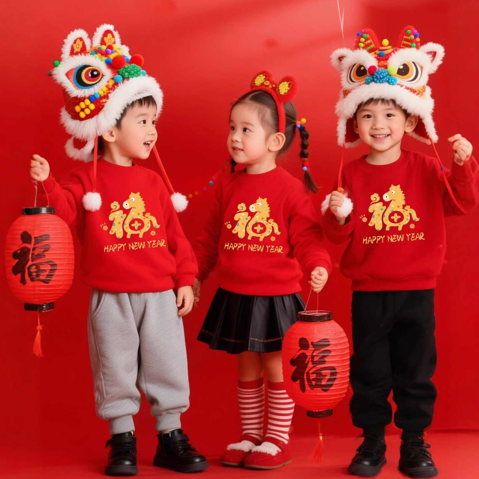 喜庆童卫衣马年福字印花加绒加厚韩版男童女童过年圆领打底上衣潮