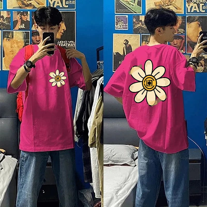 夏季美式花朵印花慵懒纯棉短袖T恤玫红色潮流男女情侣上衣半袖ins