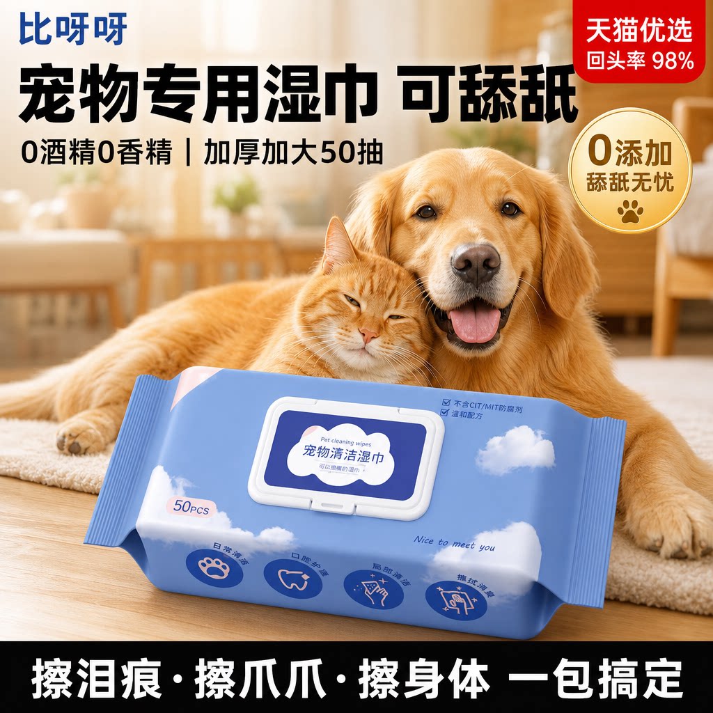 比呀呀猫狗湿巾0酒精0香精加厚
