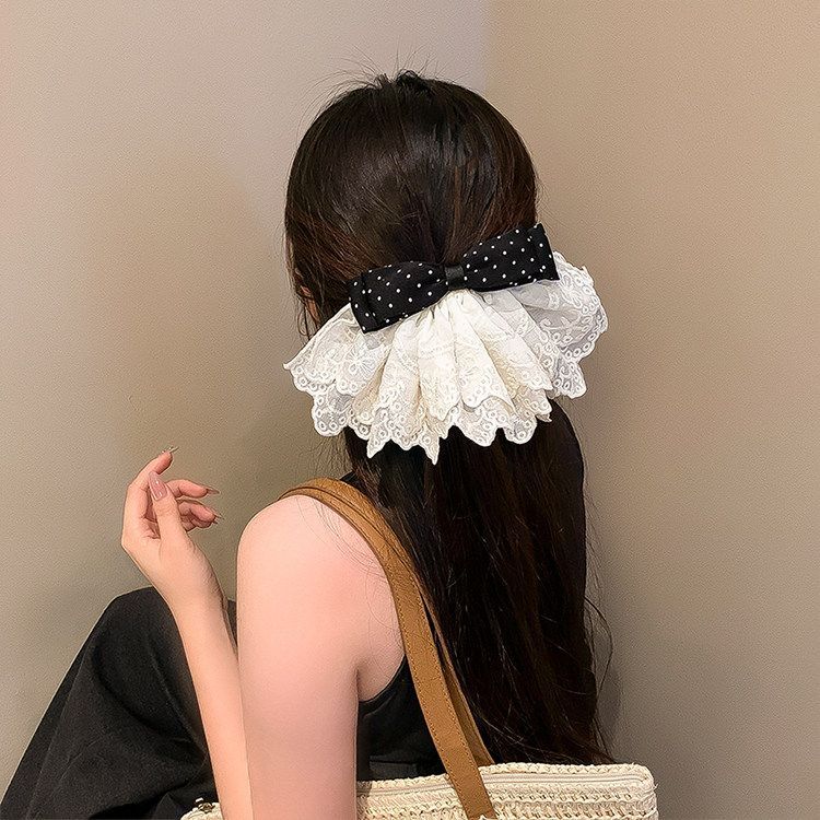 波点蕾丝蝴蝶结弹簧夹后脑勺半扎