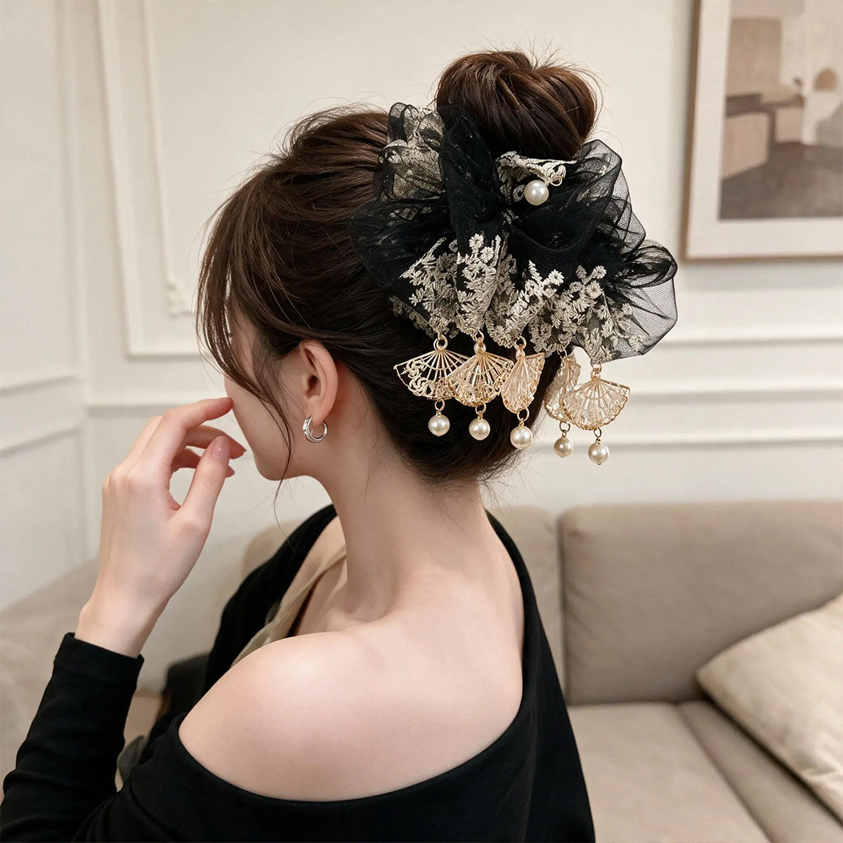 古风蕾丝刺绣珍珠流苏抓夹