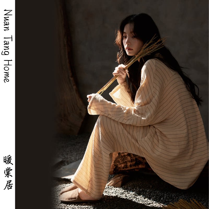 新款纯棉双层棉纱女长袖睡衣套装