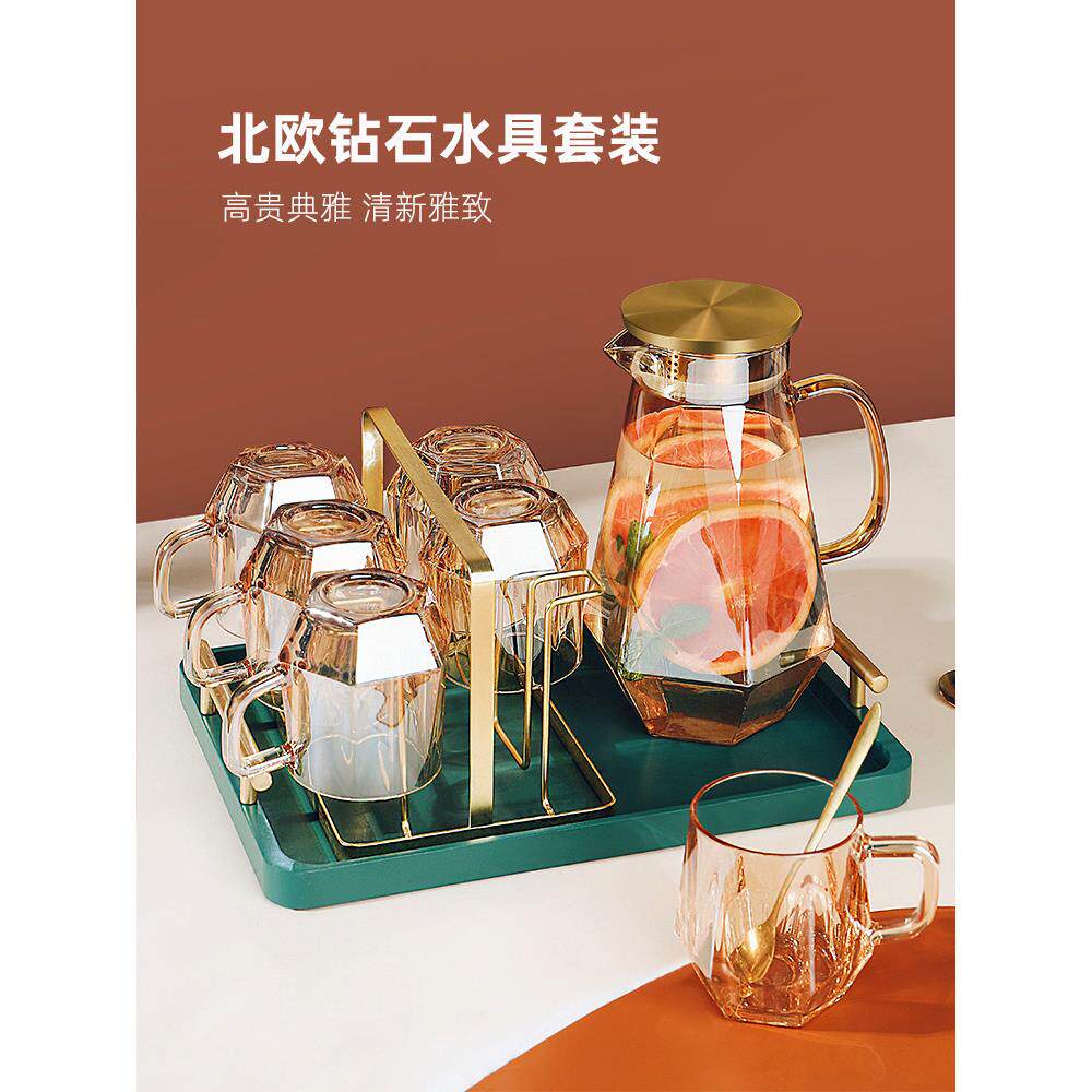 日本正品GM水具套装家用客厅带把玻璃喝水杯子轻奢风钻石茶具待客