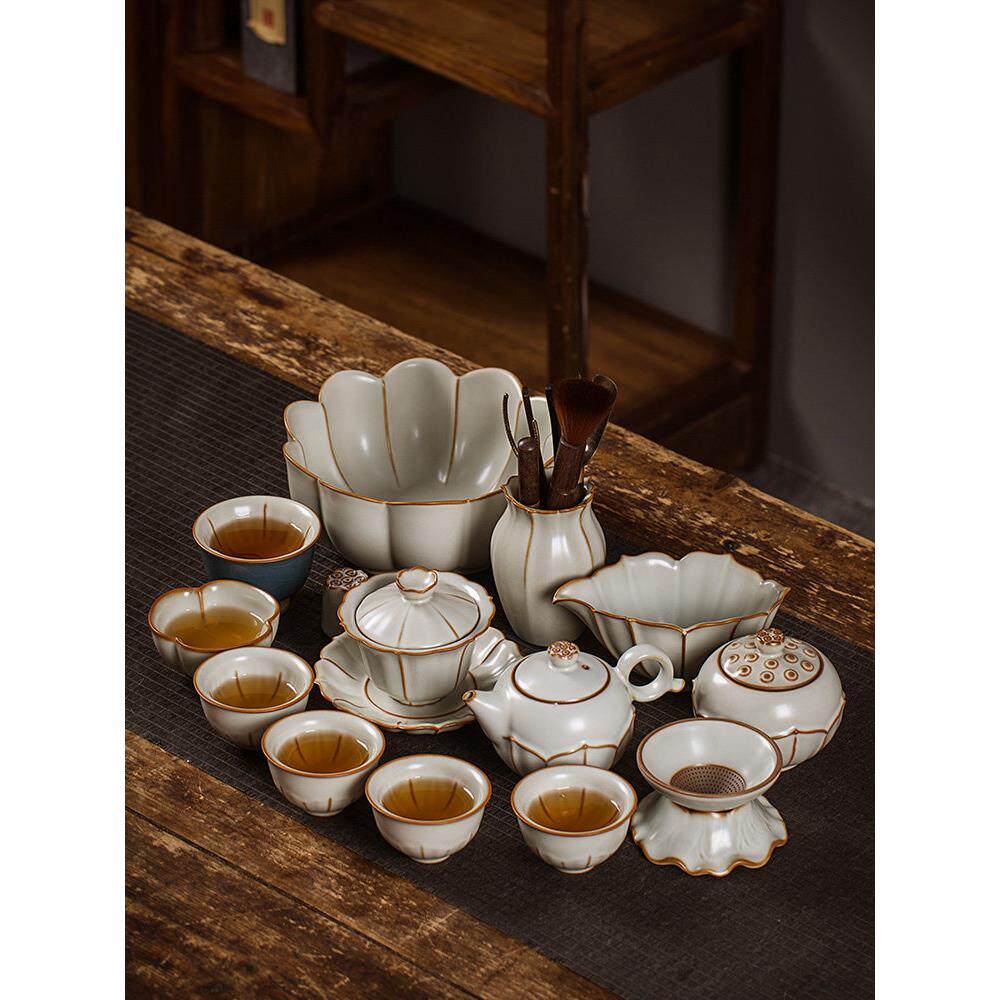 汝窑功夫茶具套装家用陶瓷茶壶茶杯子开片汝瓷中式盖碗泡茶器送礼
