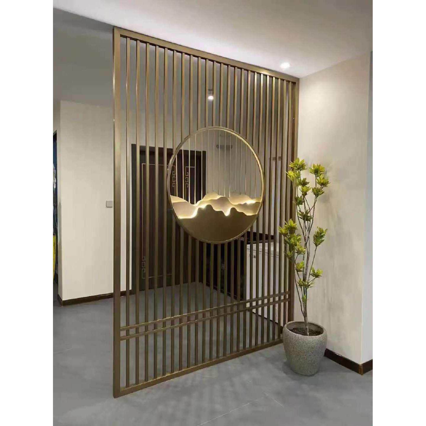 不锈钢圆形屏风铝板雕刻浮雕金属入户镂空花格新中式彷古铜隔断