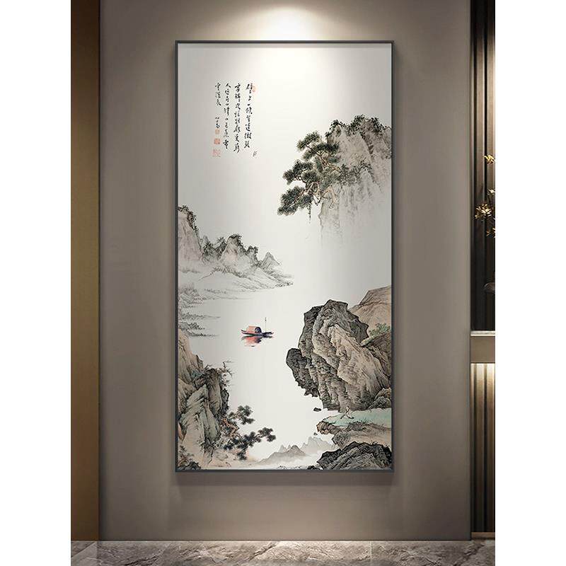 中国风山水挂画新中式入门玄关装饰画过道走廊尽头背景墙竖版壁画
