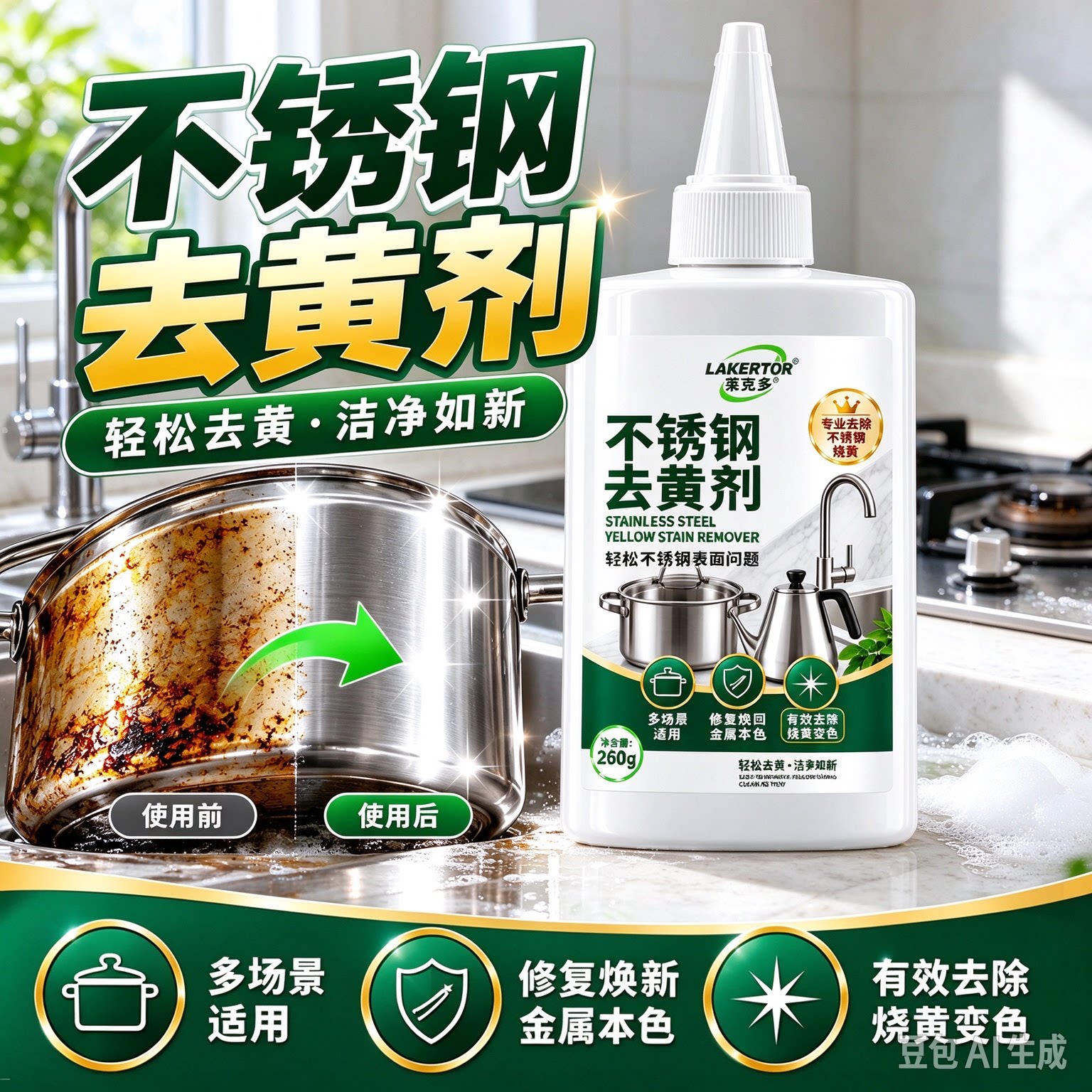 【官方正品】不锈钢去黄剂去污渍光亮除垢家用不锈钢去黄除锈家用