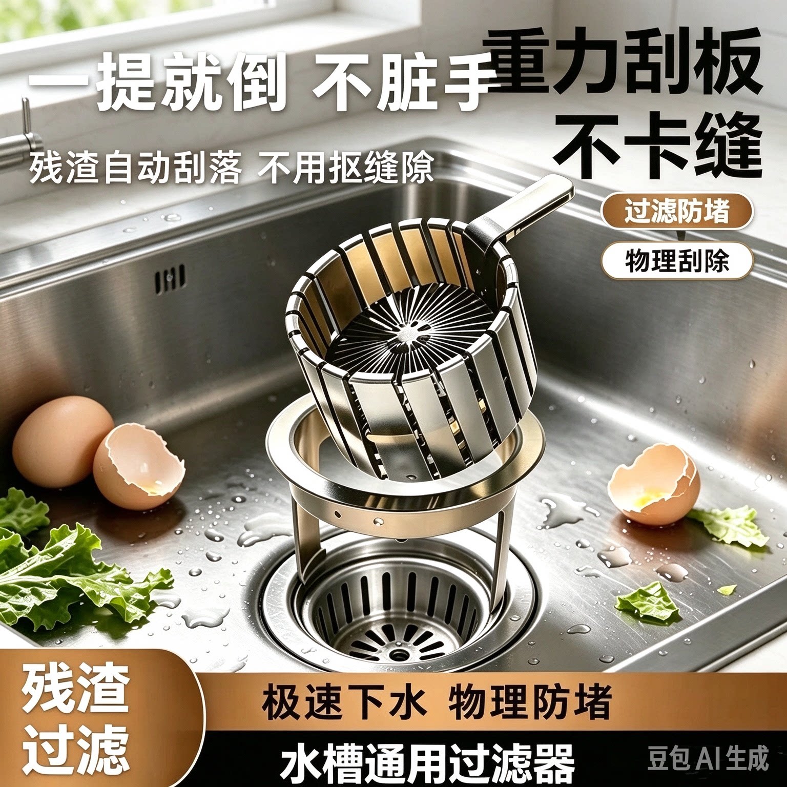 重力倾倒水槽过滤器厨房残渣防堵器家用免手掏洗碗池加宽过滤网