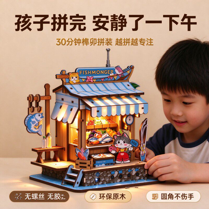 LED灯光木质拼装收音机玩具