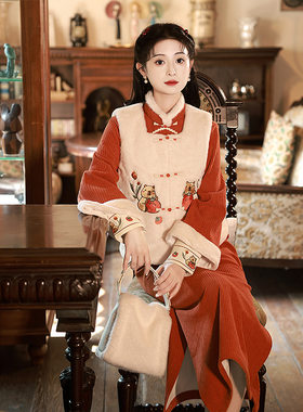 2026新款季旗袍秋长袖保暖马甲套装可爱拜年服女大人唐装高品质