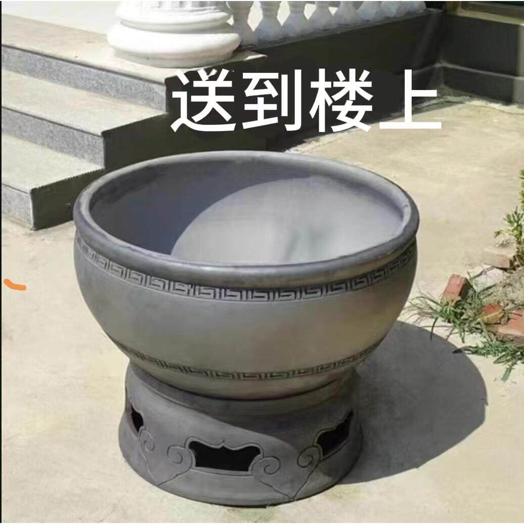 瓦盆鱼缸养兰寿金鱼缸无釉土陶缸黑陶泥盆家用超大型传统中式复古