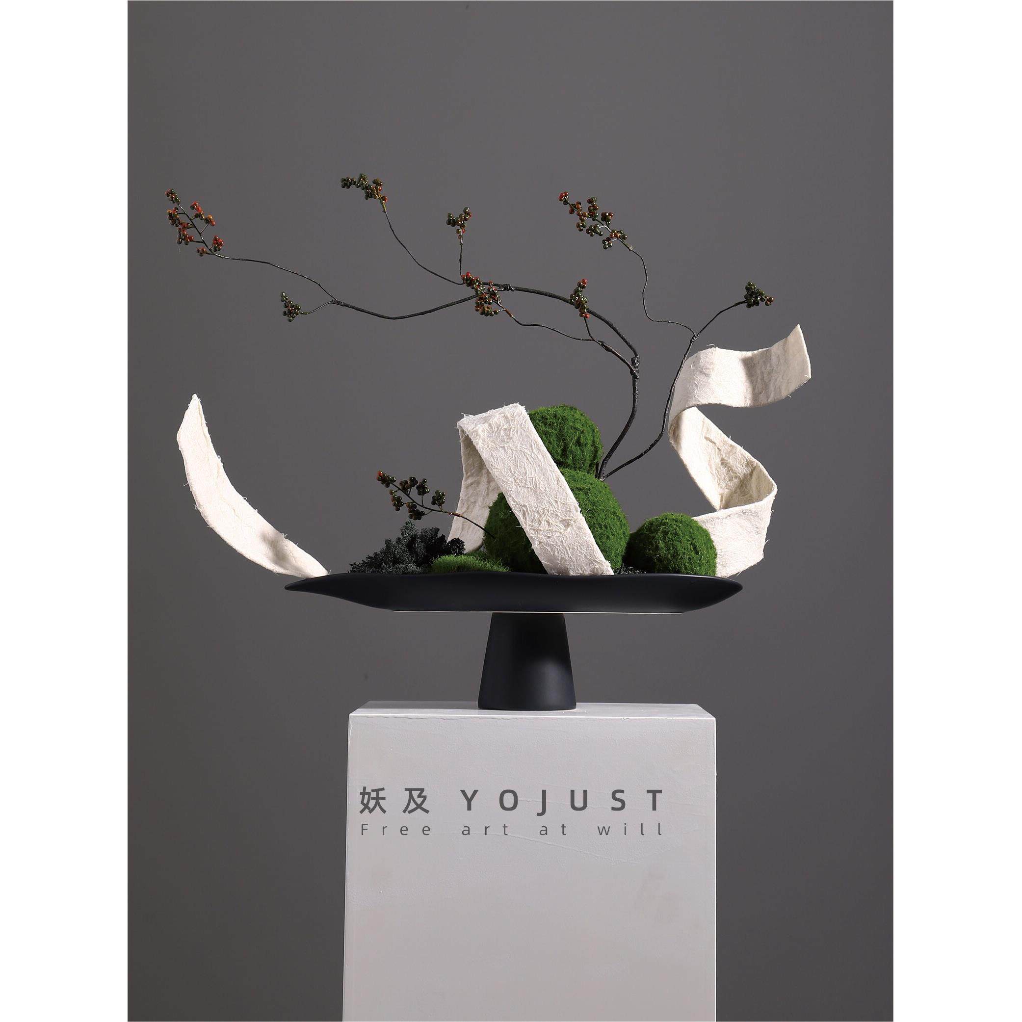 尧与新中国风易达奢华苔藓模拟花艺组合黑色水果盘摆件茶室桌面花