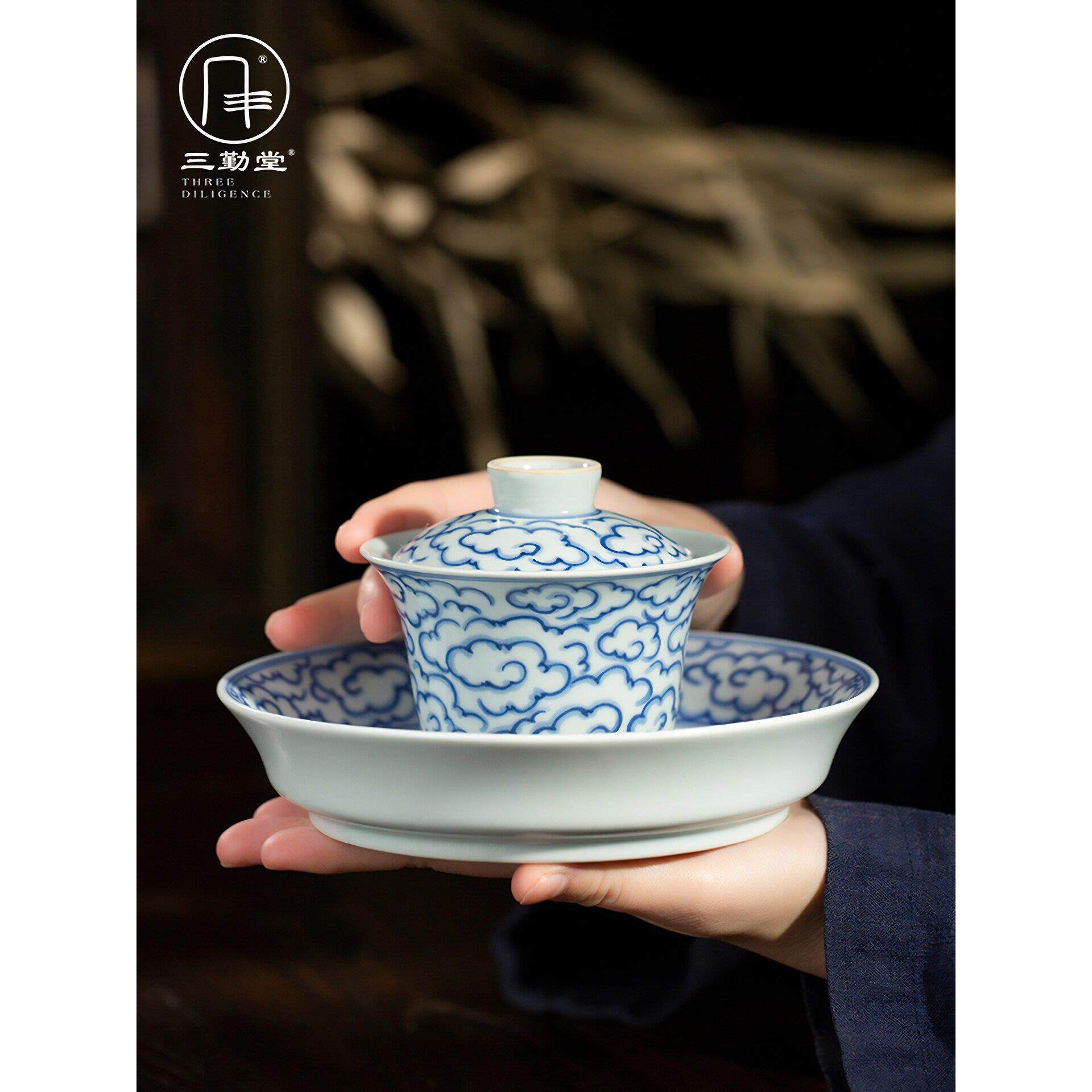 三秦堂陶瓷青花功夫茶具中国风手绘二彩荸荠盖碗壶套茶具茶杯