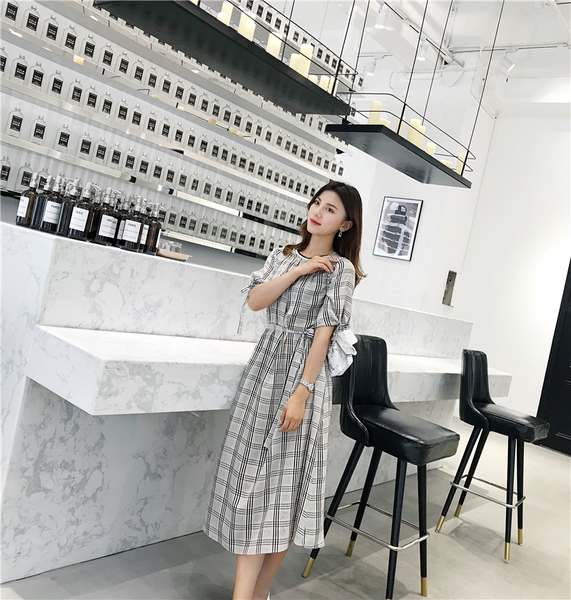 JRSHOP 2018夏季桑蠶絲修身高腰格子圓領短袖真絲連衣裙女a字裙