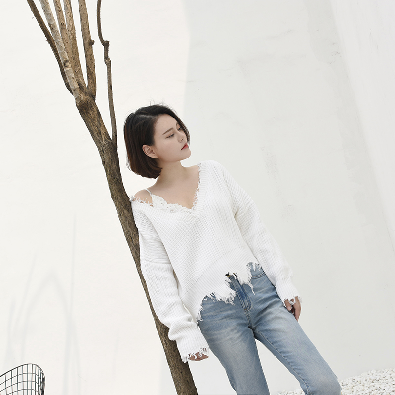 JRSHOP大V領波浪流蘇邊白色針織短款毛衣