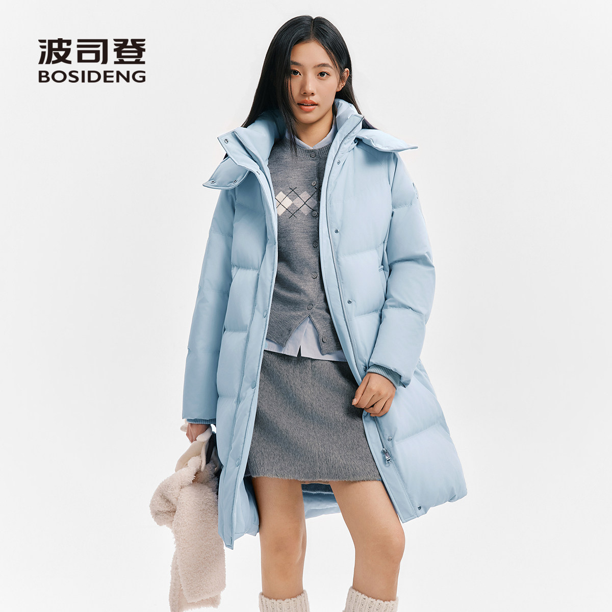 波司登海盐蓝羽绒服女中长款连帽加厚保暖百搭时尚外套