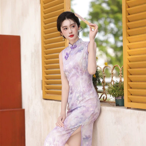 2026新款紫色旗袍新中式绝美高端大气修身连衣裙复古大码漂亮掐腰
