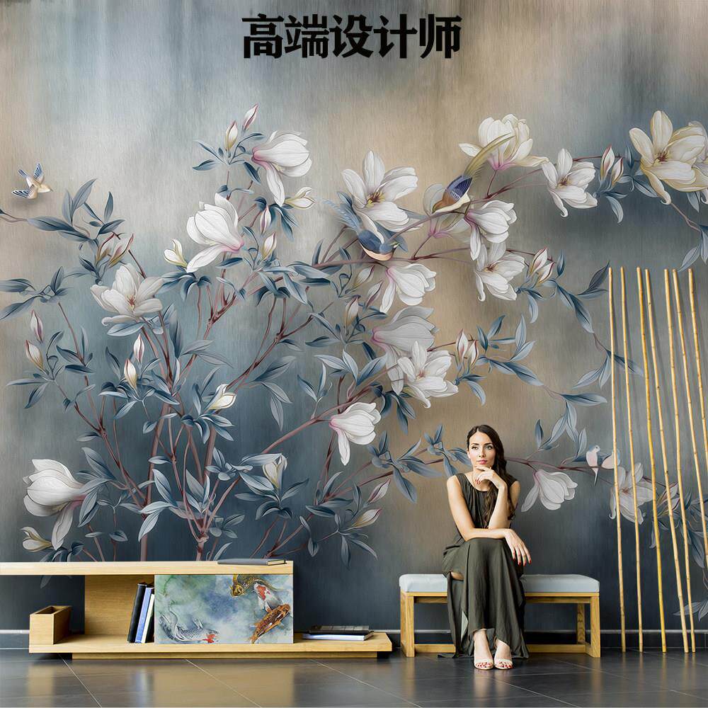 中式艺术复古立体植物玉兰花朵壁纸客厅电视背景墙纸定制壁画墙布