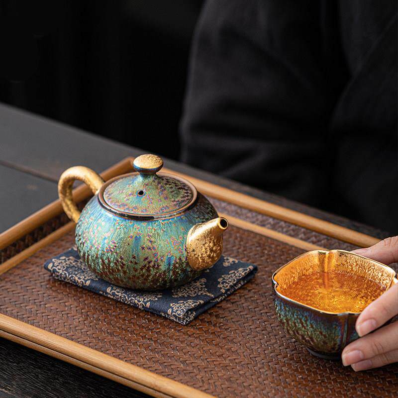 窑变七彩孔雀鎏金茶壶西施纯金带过滤功夫茶具家用办公泡茶壶单壶