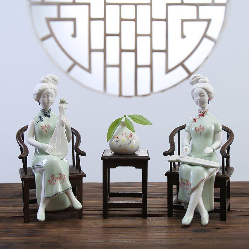 中式人物书架仕女工艺品家居办公室装饰品瓷器电视柜客厅创意摆件