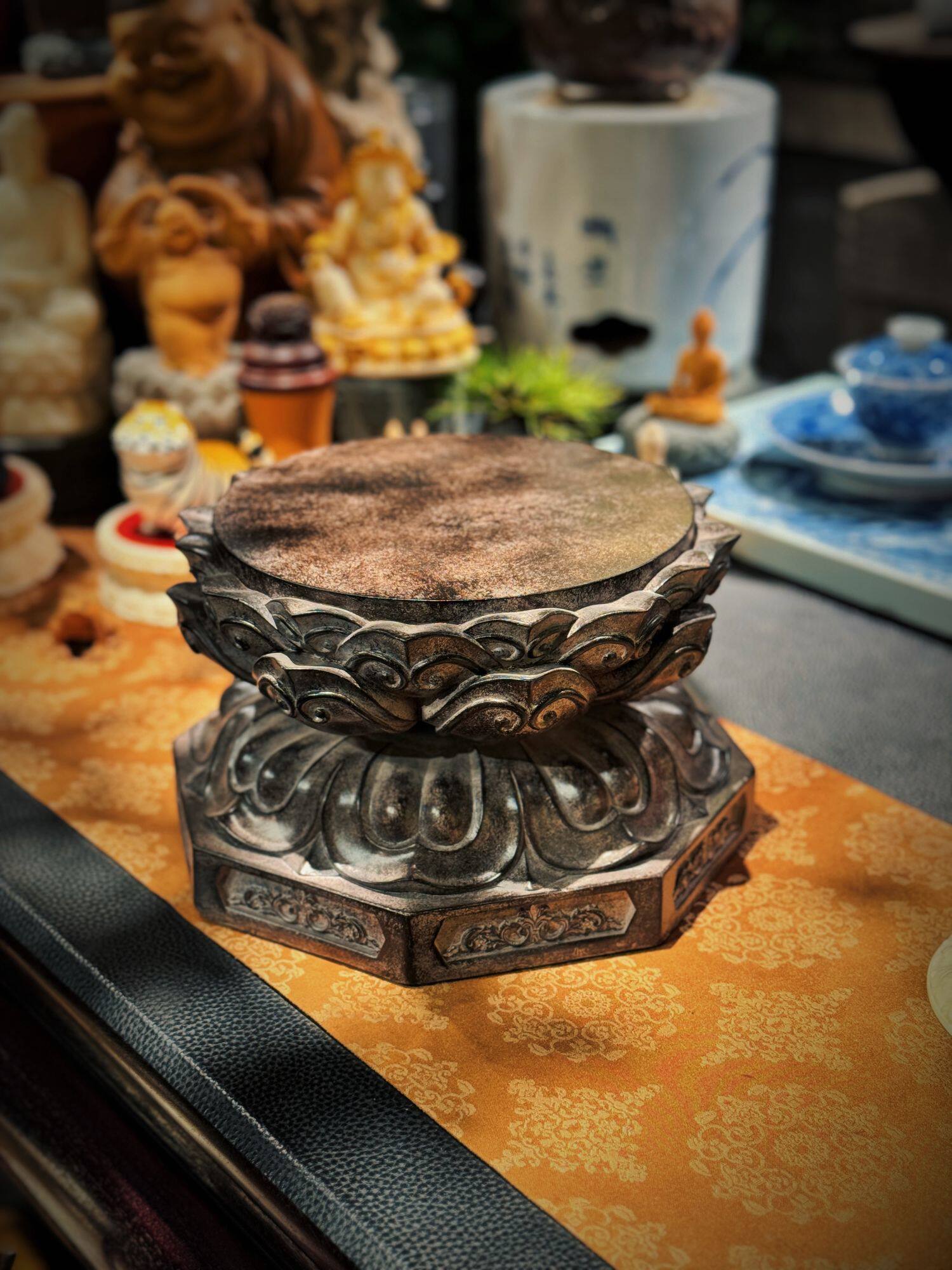 复古莲花纹仿青石佛像底座摆件盆栽底座鱼缸六边形底座造景装饰