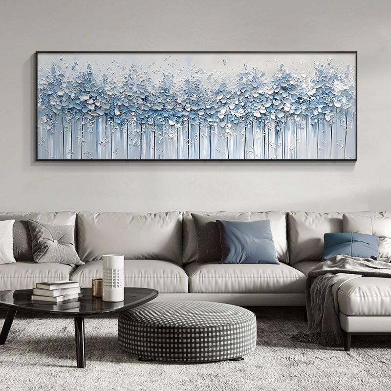 雪景纯手工油画蓝色花卉客厅沙发背景墙装饰画抽象卧室横款壁画