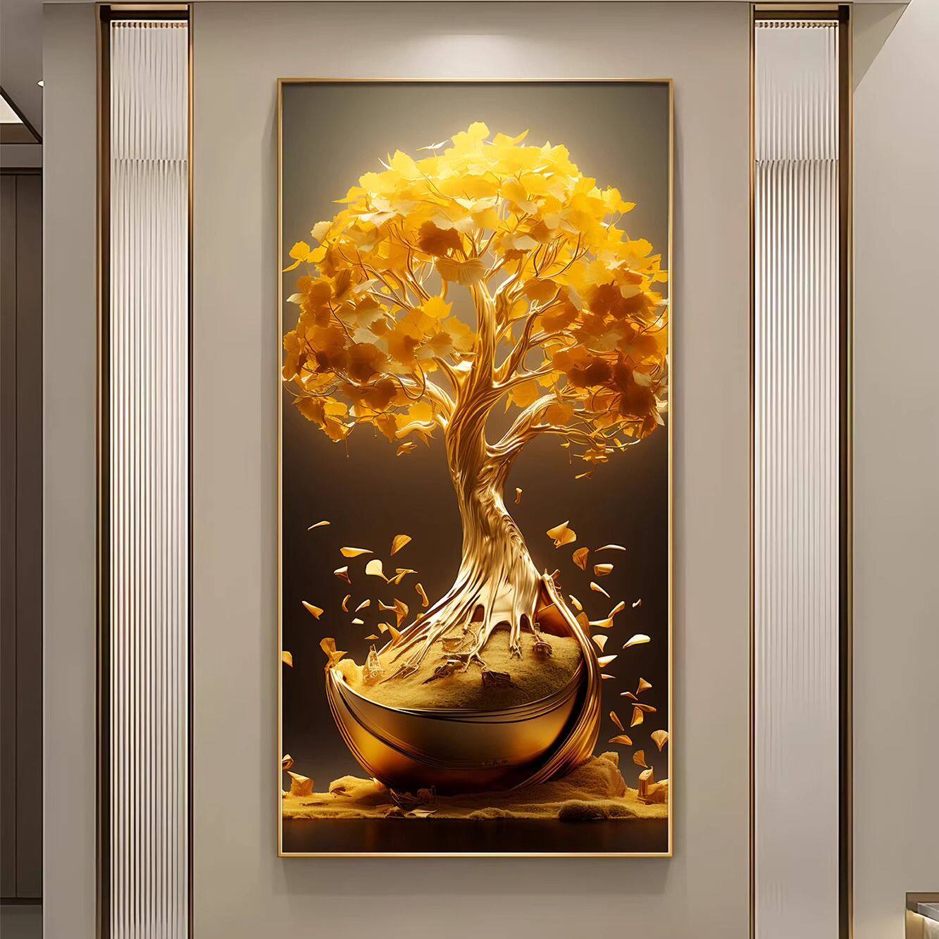 金箔立体发财树玄关装饰画高档走廊挂画发光肌理现代简约壁画轻奢