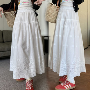韩系蕾丝重工钩花刺绣半身裙女白色A字裙长裙 孕妇半身裙早春季