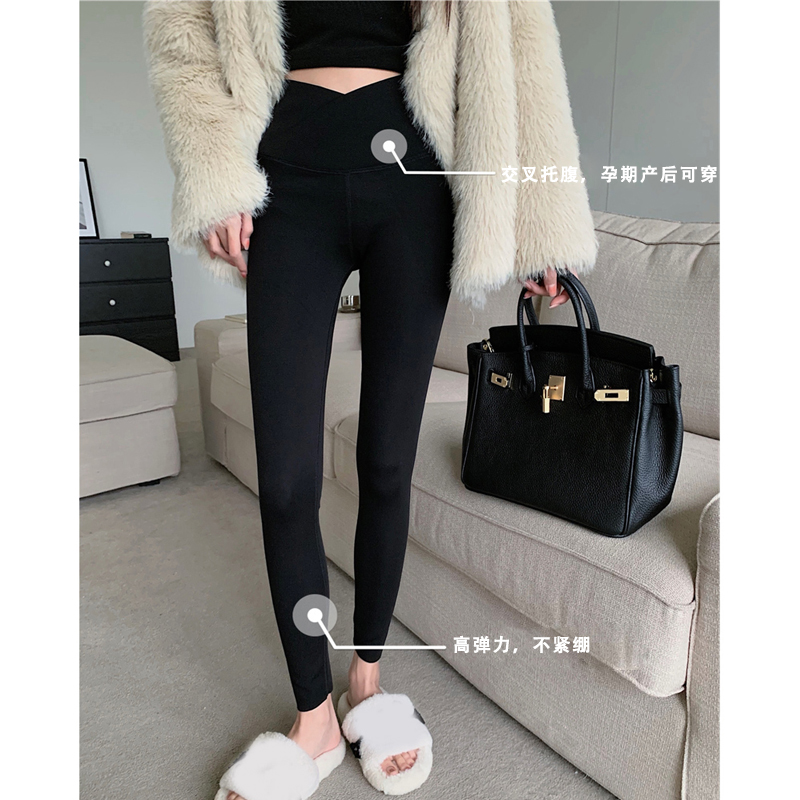 孕妇鲨鱼皮打底裤子春秋外穿弹力修身百搭黑色九分交叉托腹瑜伽裤