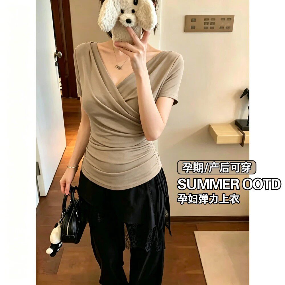 孕妇上衣夏季薄款短袖交叉V领T恤高弹修身显瘦百搭打底衫设计感女