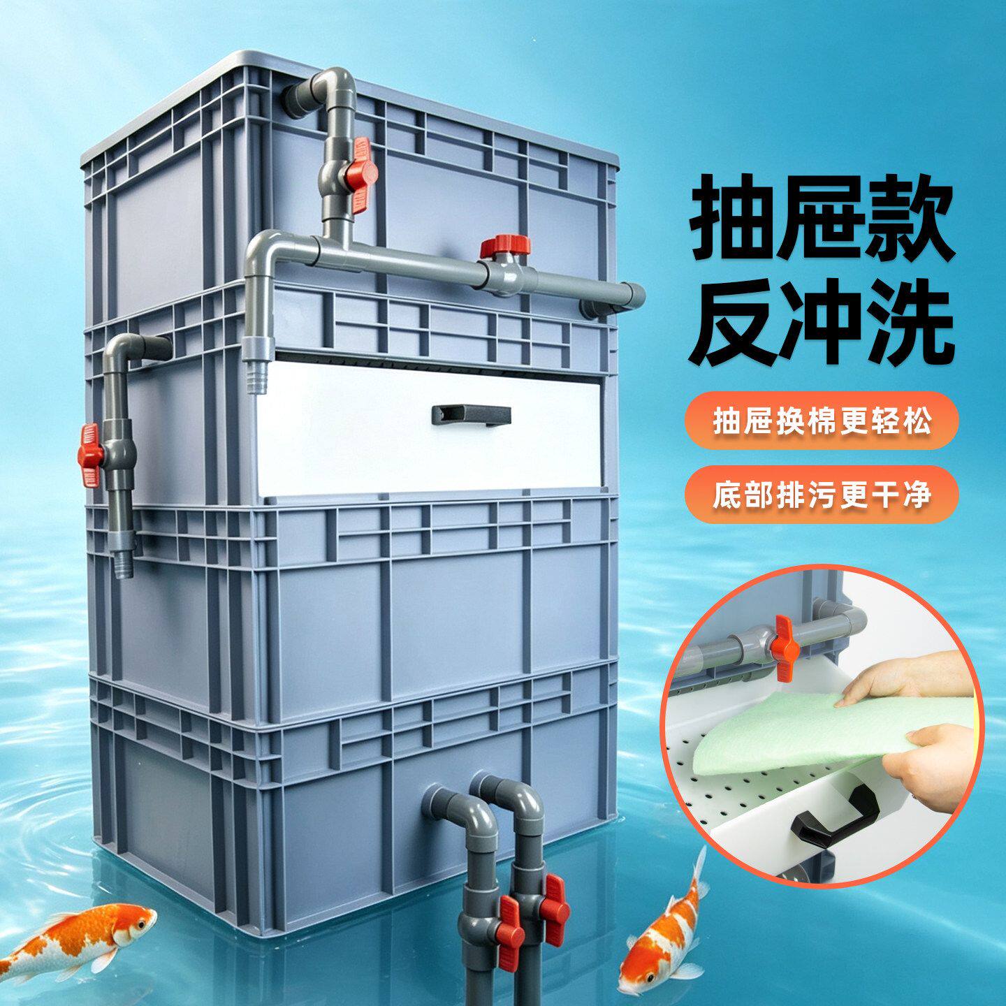 抽屉款鱼池鱼缸周转箱沉淀仓带发散管反冲洗上过滤水循环系统整套