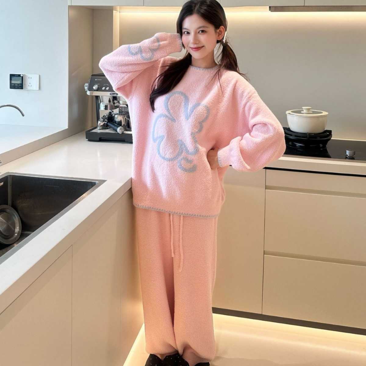 慵懒花朵秋冬季韩系温柔甜美睡衣