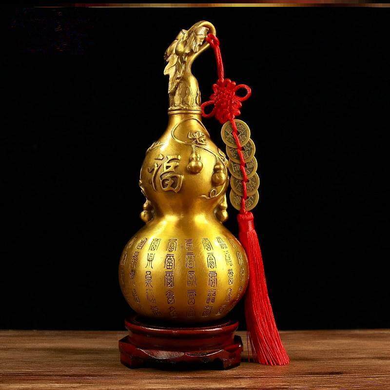 铜胡葫摆件百福空心大葫芦挂件五帝钱客厅酒柜玄关招财安宅装饰品