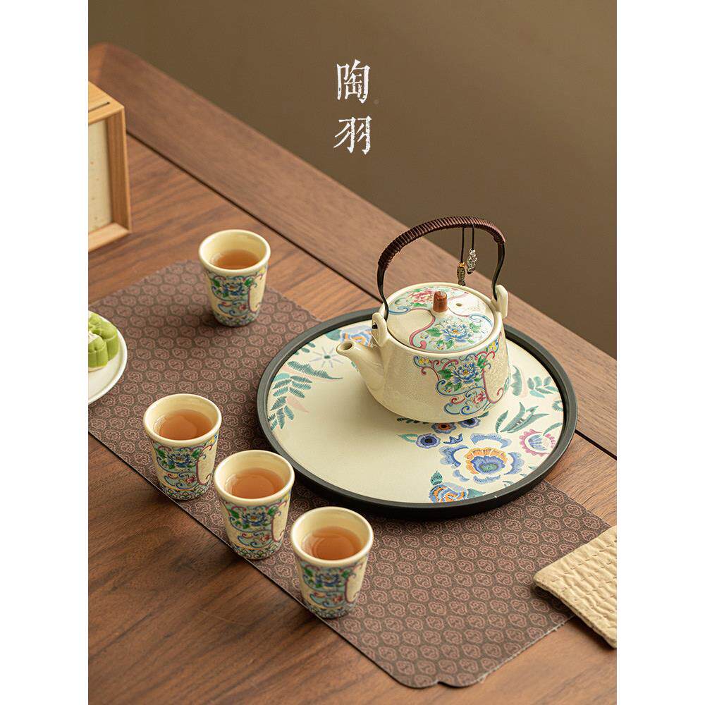 亮光黄MQM银丝牡丹提梁壶一壶四家用瓷泡杯茶茶杯功夫壶茶具陶套