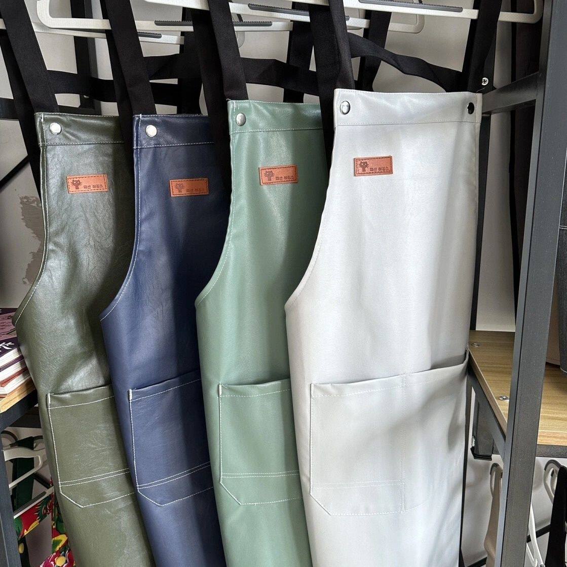 高档PU皮围裙防水围裙背带防油围裙家用餐饮厨房男女服务员围裙