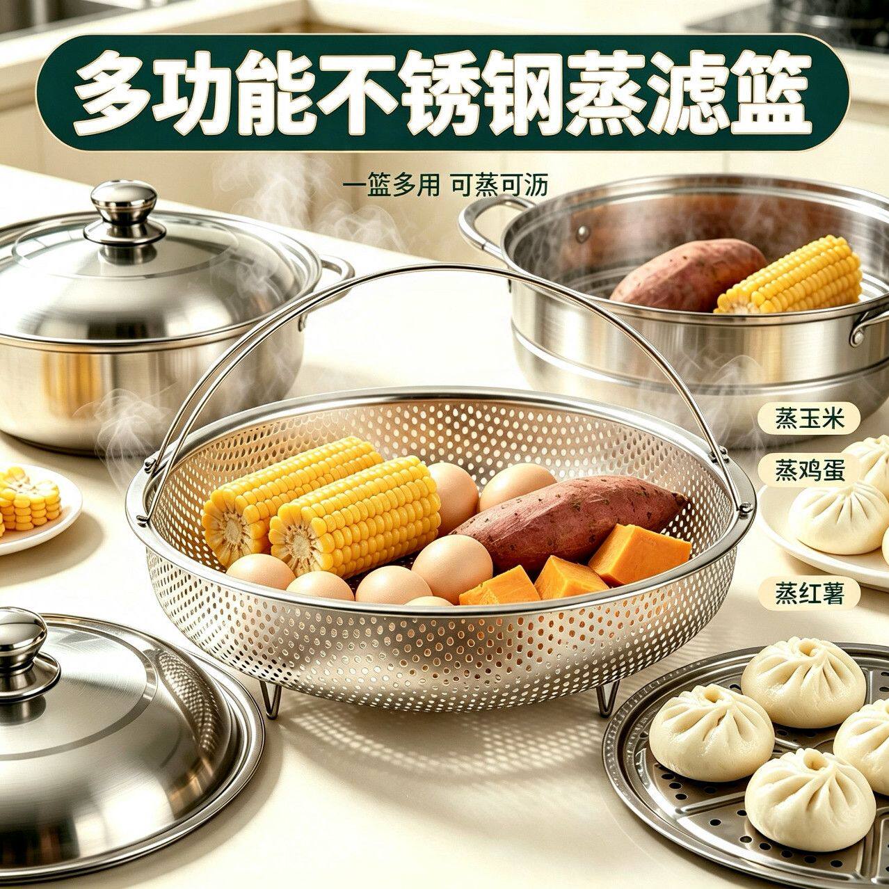 不锈钢家用神器蒸盘圆形沥水篮蒸包子蒸饺子洗菜篮